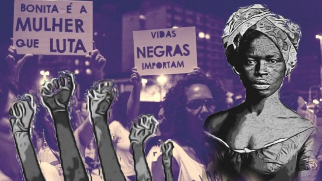 The background of the image is tinted purple and depicts Brazilian Black Lives Matter protesters. The foreground is in grayscale, featuring a Black woman wearing a headwrap on the right and several power fists sticking up from the bottom of the image on the left.