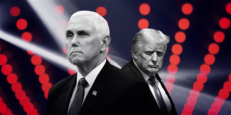 Donald Trump and Mike Pence in grayscale on a background of red lights