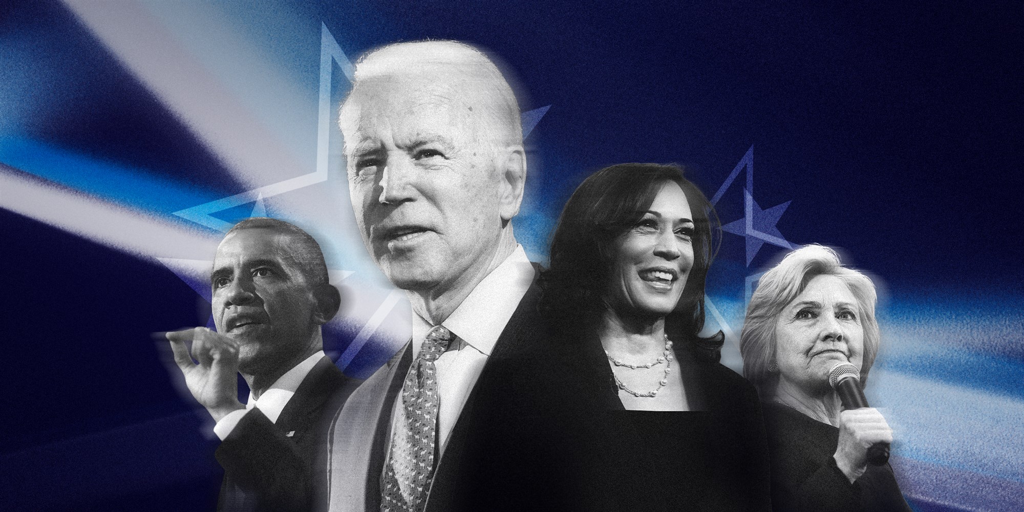 A photoshopped graphic of Joe Biden, Barack Obama, Kamala Harris, and Hillary Clinton staring in different directions against a black and blue background