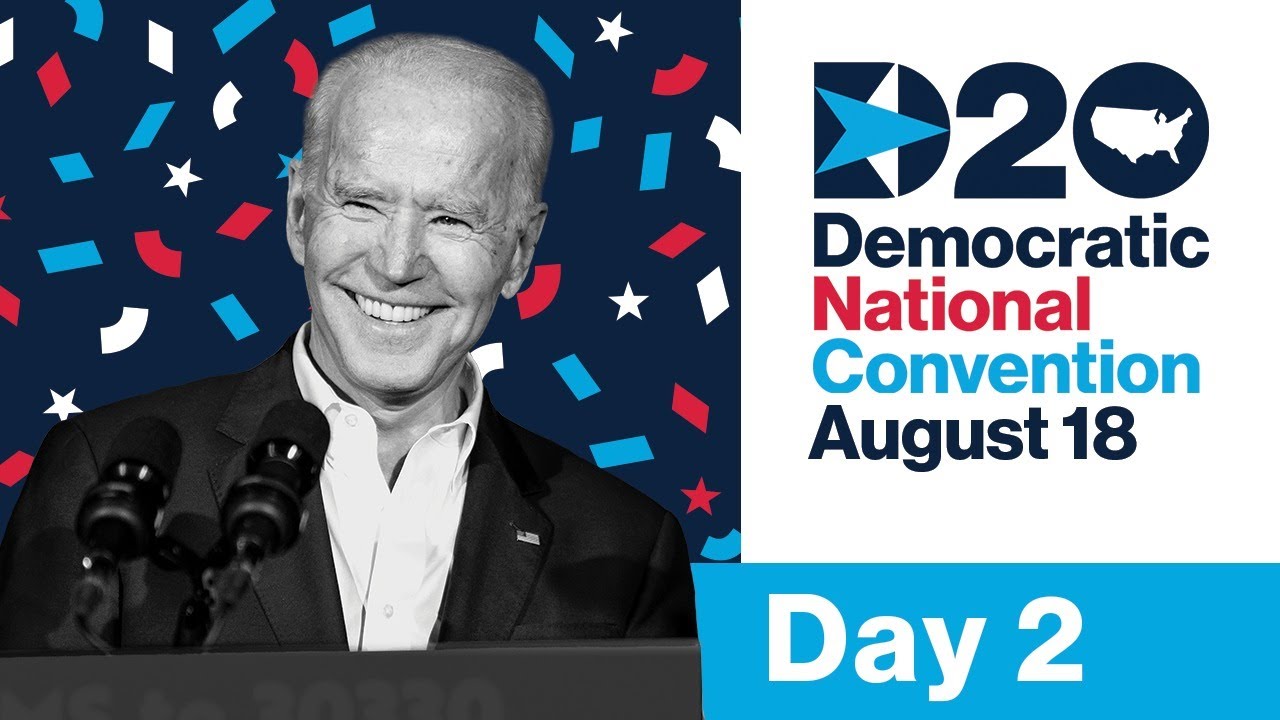 A black and white photo of Joe Biden smiling in front of a microphone is superimposed on a background of dark blue with red, white, and lighter blue confetti. Next to him, text (in the same colors) reads D20, Democratic National Convention, August 18, Day 2