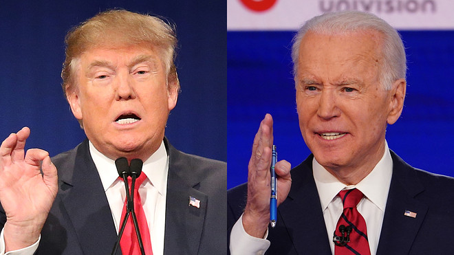 Donald Trump (left) and Joe Biden (right) juxtaposed next to each other, each in the middle of speaking with their right hand raised. They are both wearing black suits with red ties.