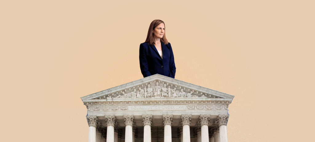 A picture of Amy Coney Barret, a white woman with shoulder length brown hair, looking off into the distance while wearing a dark pantsuit. She is edited on top of the Supreme Court Building on a tan background.