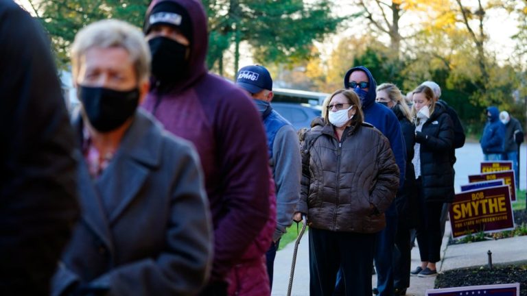 People wearing masks stand in line to vote for the 2020 election.
