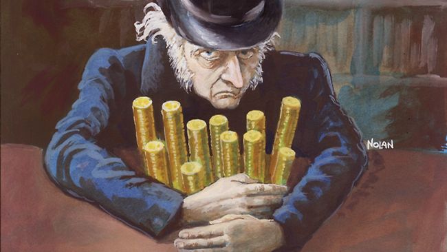 The photo depicts Ebenezer Scrooge hoarding his money.