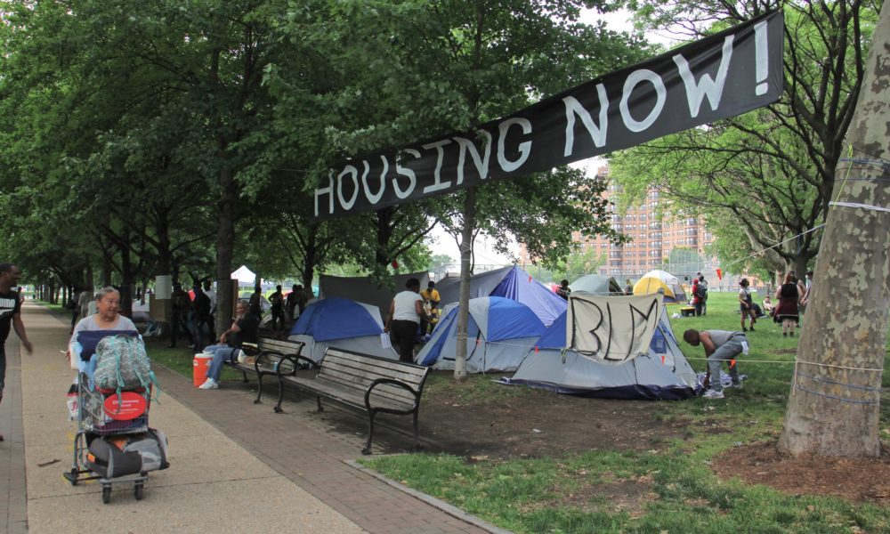 A photo of the housing encampment at the Ben Franklin Parkway in Philadelphia.