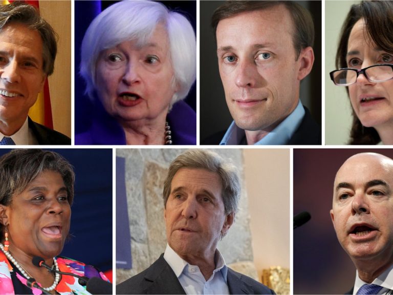 Photos of seven Biden cabinet nominees: Anthony Blinken, Janet Yellen, Jake Sullivan, Avril Haines, Alejandro Mayorkas, John Kerry and Linda Thomas-Greenfield