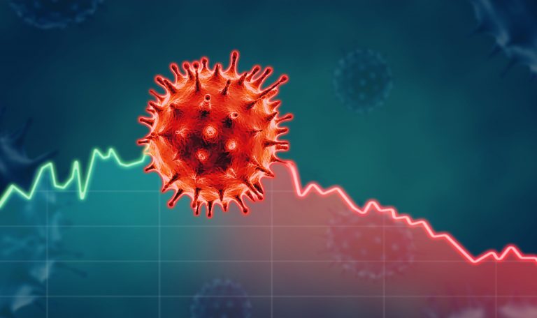 A blue and red stock price graph. An image of a coronavirus is superimposed on top.