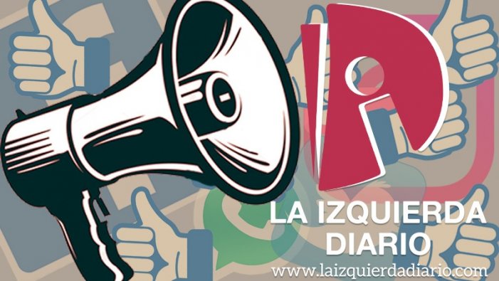 Black and white speakerphone in front of a background of blue thumbs up signs with the La Izquierda Diario sign on the right with "la izquierda diario" in white text and the LID website in white text both below it.