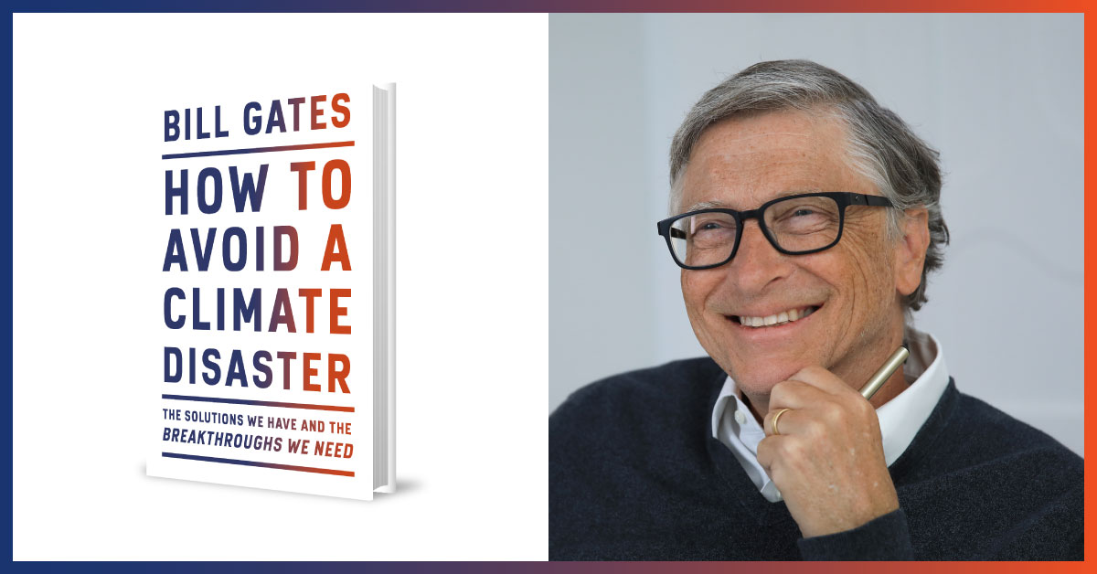 Left panel is Bill Gates's new bok "How To Avoid a Climate Disaster," the right panel is a picture of Gates smiling.