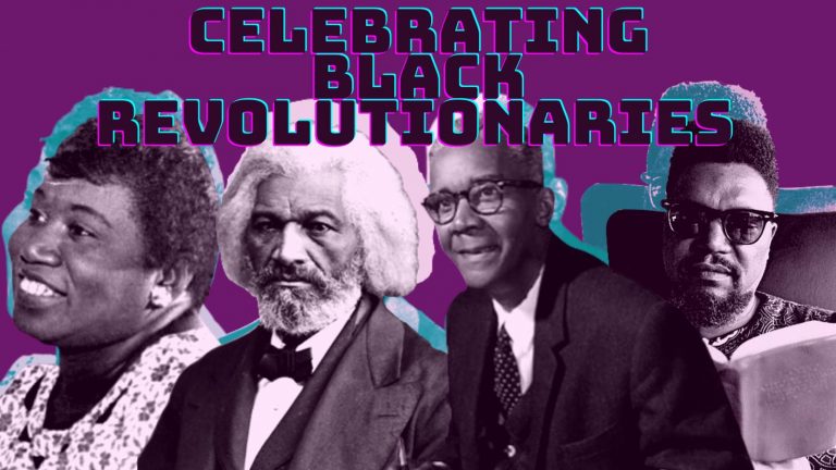 Mae Mallory, Frederick Douglas, CLR James, and Robert F. Williams portraits superimposed onto a purple background with the text "Celebrating Black Revolutionaries"