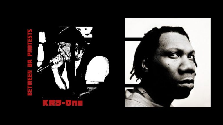 Two images: On the left, a black and white cover of KRS-one's new album "Between Da Protests," on the right a black and white headshot of the rapper.