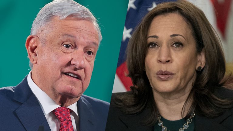 Side-by-side image of Mexican president AMLO and U.S. Vice President Kamala Harris