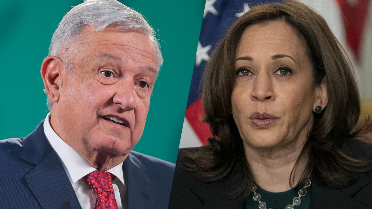 Side-by-side image of Mexican president AMLO and U.S. Vice President Kamala Harris
