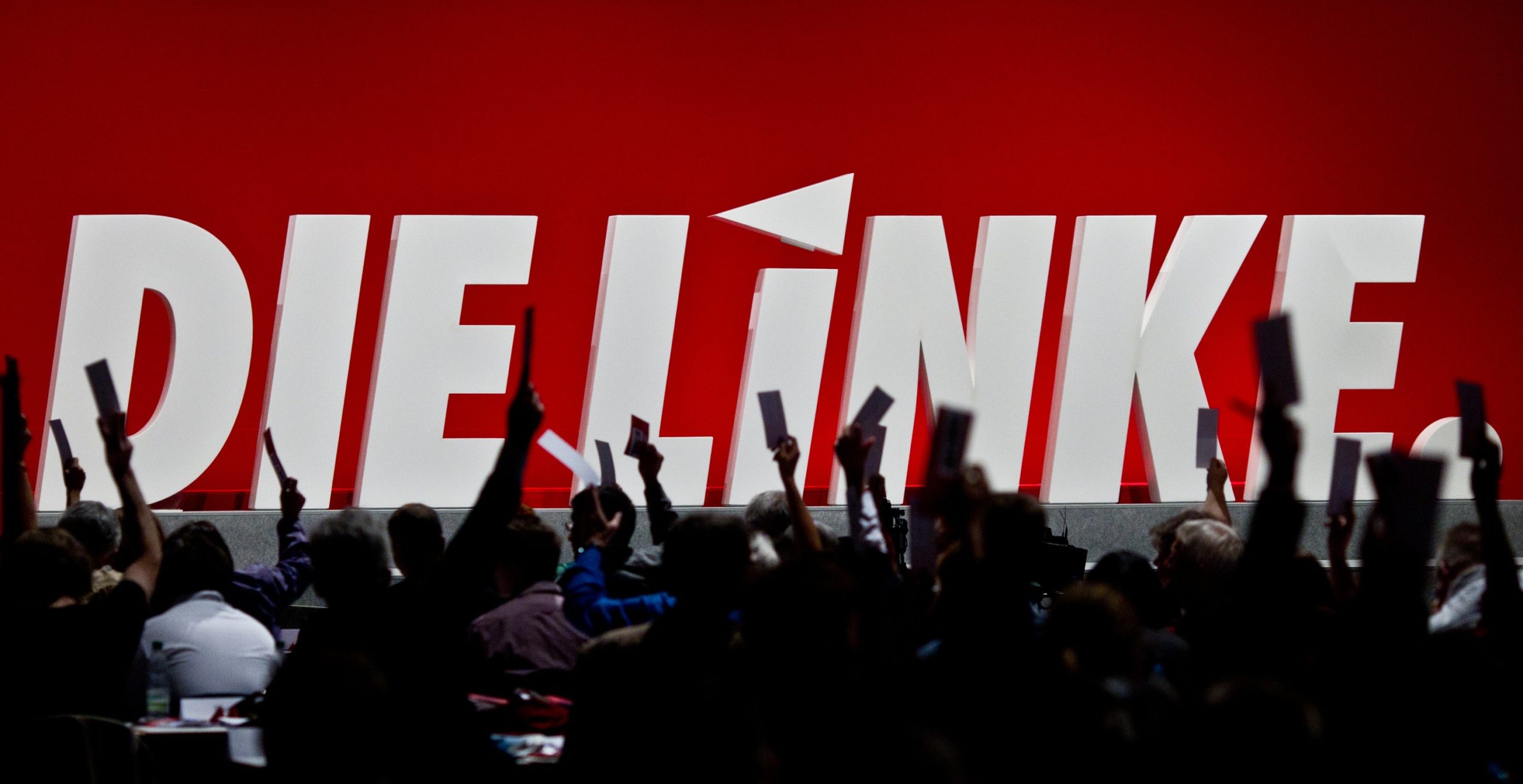 Silhouette of a crowd cheering in front of a huge sign that says "DIE LINKE," the German leftist party.