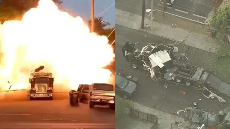 Two images of an explosion in Los Angeles after the LAPD detonate fireworks.