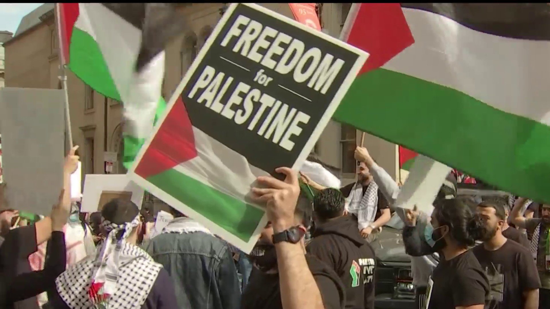 Pro-Palestine protesters at a march in Philadelphia. Palestinian flags in the background while someone holds up a sign that says "Freedom for Palestine."