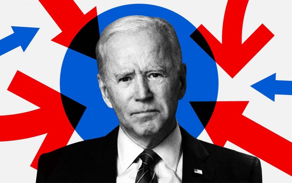 Joe Biden in the foreground in black and white, red and blue arrows in the background
