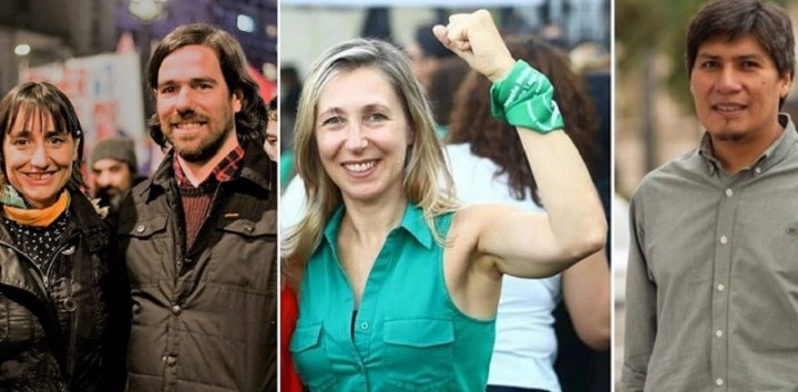 Pictures of Nicolás del Caño (PTS) and Romina del Plá (PO) (standing together in the same photo, Myriam Bregman (PTS) in a separate photo, smiling and with her fist in the air, with a green bandana for the abortion movement wrapped around her wrist, and Alejandro Vilca (PTS) in another separate photo