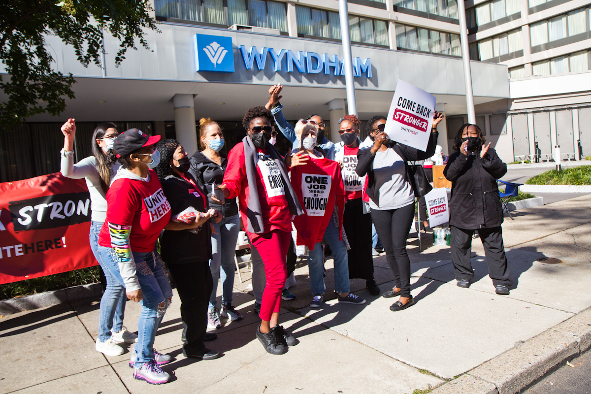 Restaurant hotel workers and Unite Here representatives chanted, “If we don’t get it, shut it down,” at a vote of union members to authorize a strike outside the Wyndham Hotel in Philadelphia on October 28, 2021.