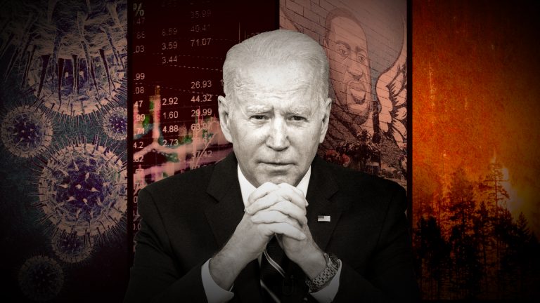 Image of Biden in front of coronavirus molecules, fires, and George Floyd mural.