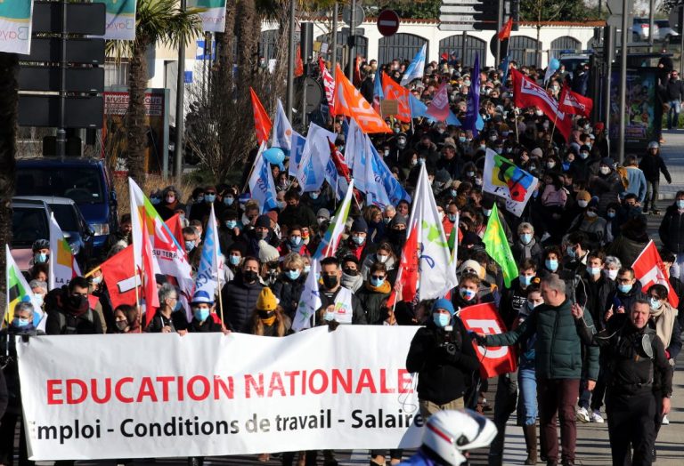 French teachers on strike on January 13 over lack of Covid protections. Marching.