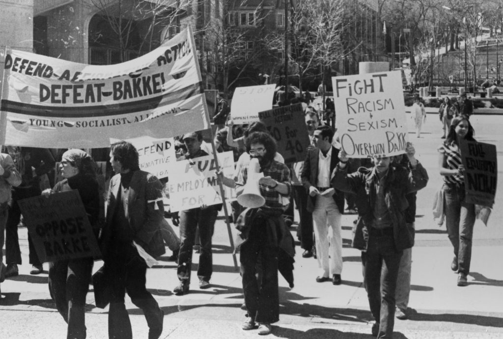 April 14, 1978: Students at the University of Wisconsin–Madison march in protest over the U.S. Supreme Court case Regents of the University of California v. Bakke