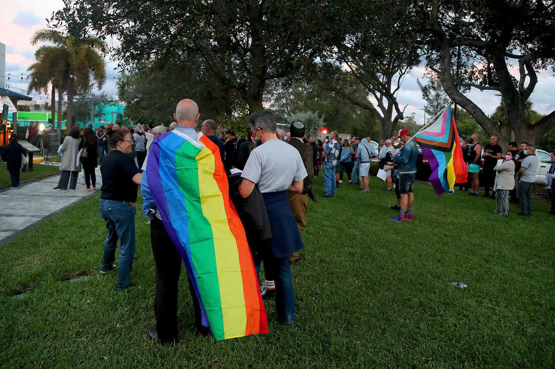 Supporters gather for a Safe Schools South Florida & Friends rally to push back against the so-called "Don&apos;t Say Gay" bill (HB 1557/SB 1834) at the Pride Center in Wilton Manors on Tuesday, Feb. 2, 2022. The bill would ban classroom discussions related to sexual orientation and gender identity in schools.