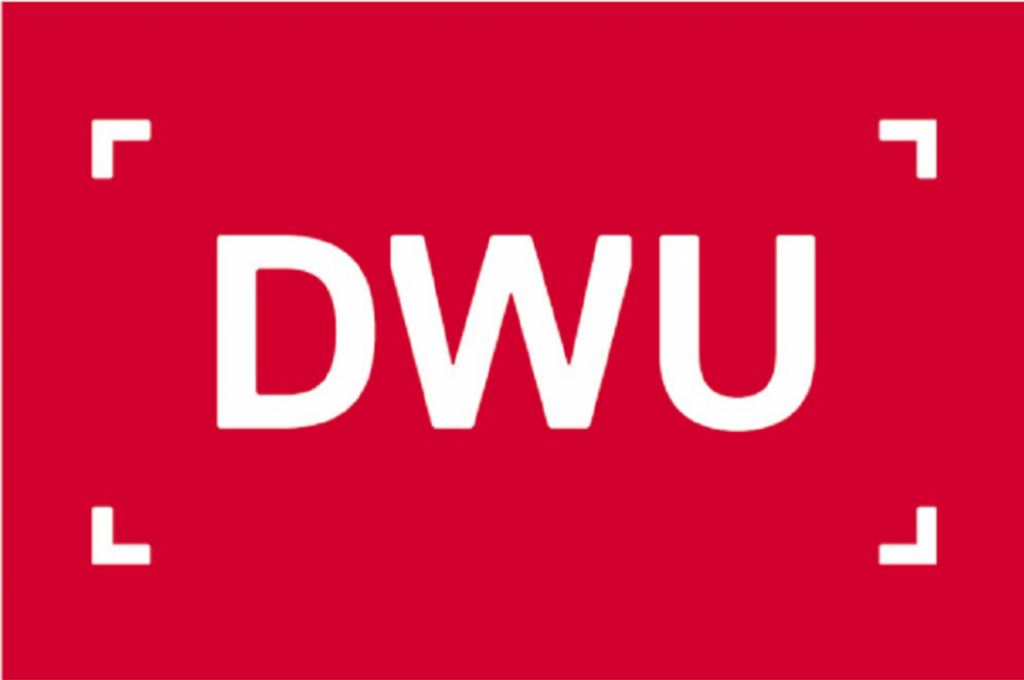 A red rectangle, in the center of which are white letters that say DWU