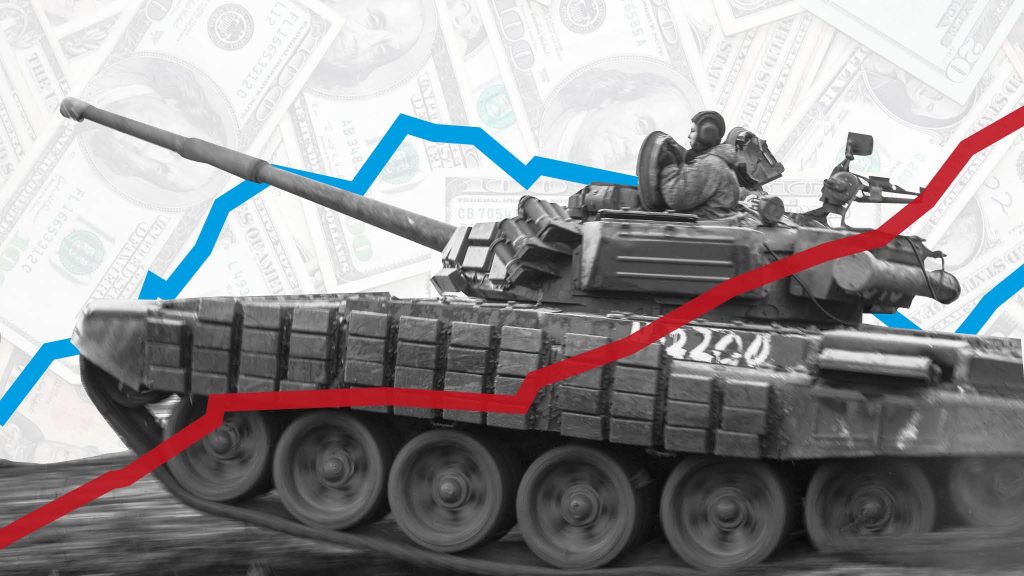 A black-and-white military tank in the foreground, dollar bills in the background.