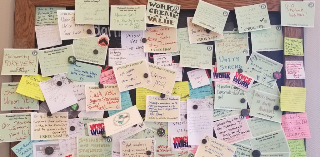 A message board at the Hopewell, New Jersey, Starbucks is filled with notes of support from the union from customers and other union members