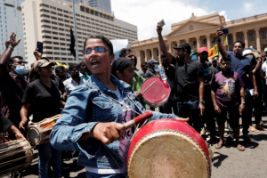 Trade unions protest during a nationwide strike demanding the resignation of President Gotabaya Rajapaksa and his cabinet, blaming them for creating the country's worst economic crisis in decades, in front of the Presidential Secretariat in Colombo, Sri Lanka, on April 28, 2022