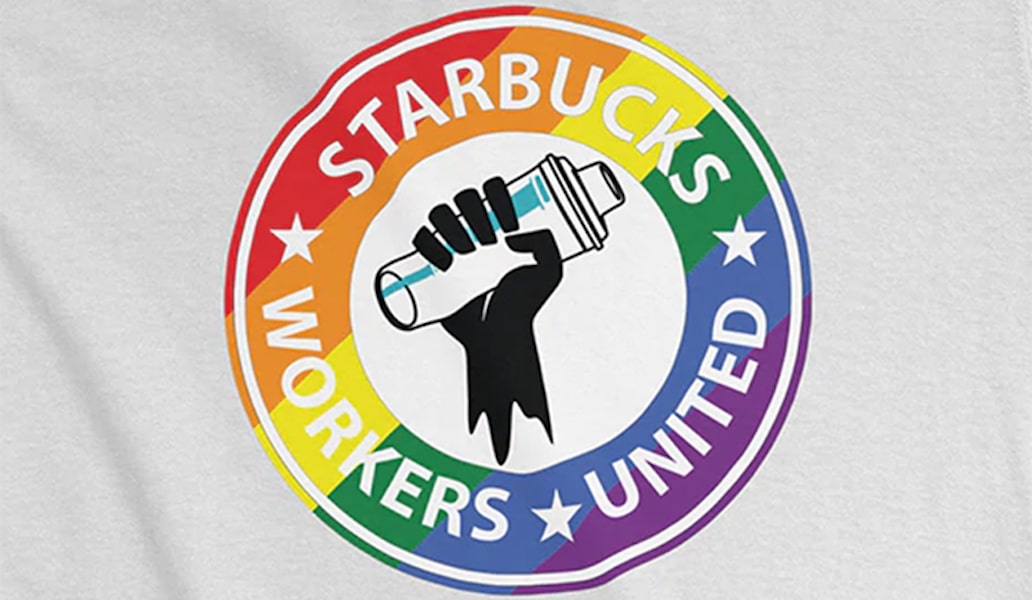 A white t-shirt with a rainbow-colored Starbucks Workers United logo