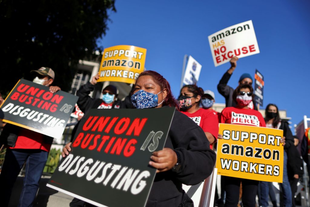 People protest in support of the unionizing efforts of the Alabama Amazon workers, in Los Angeles, California, March 22, 2021.