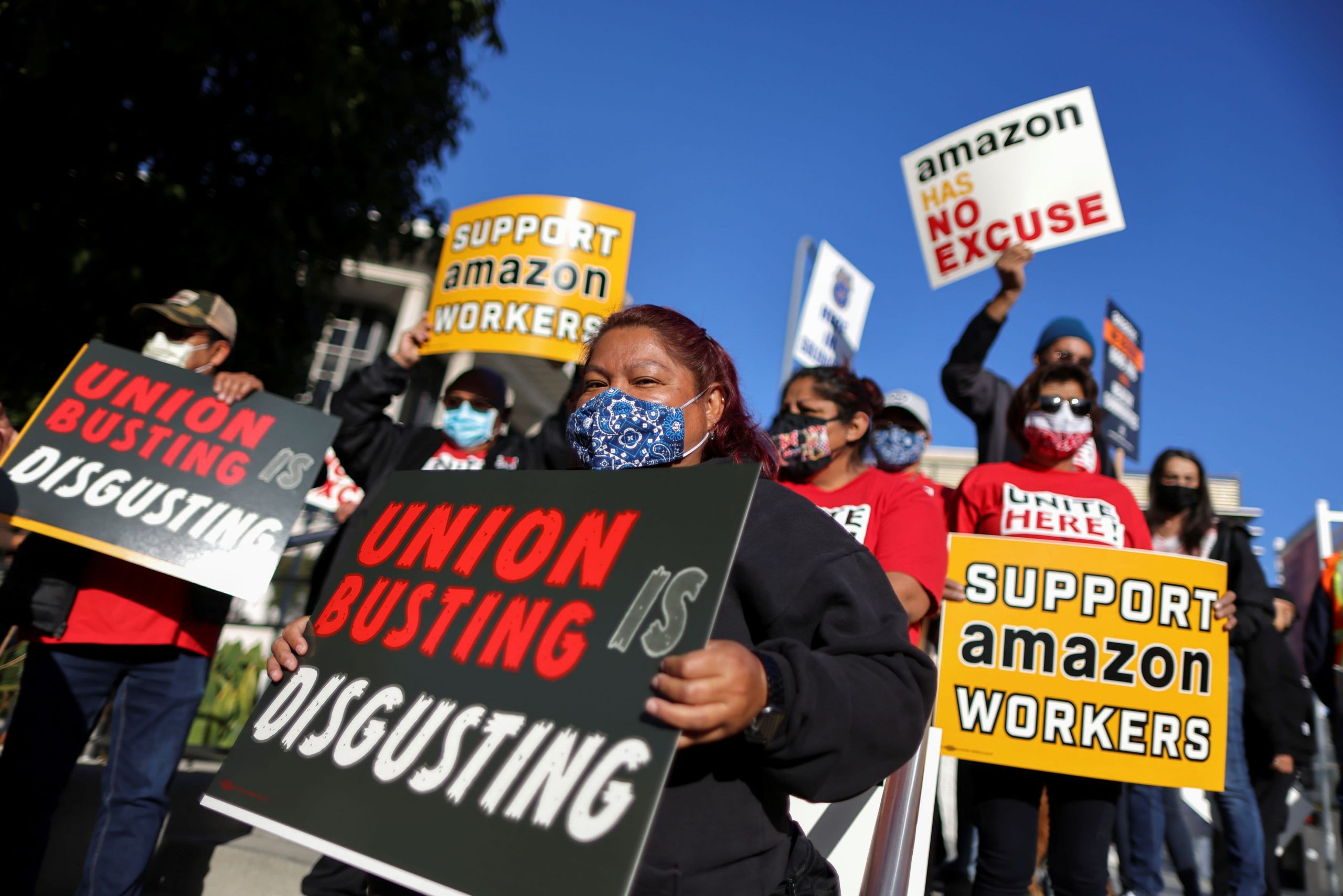 People protest in support of the unionizing efforts of the Alabama Amazon workers, in Los Angeles, California, March 22, 2021.