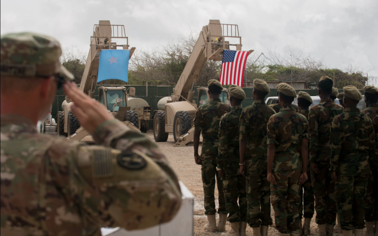 Somali troops stand in formation during a graduation ceremony after being trained by U.S. forces in Mogadishu on Aug. 17, 2018.