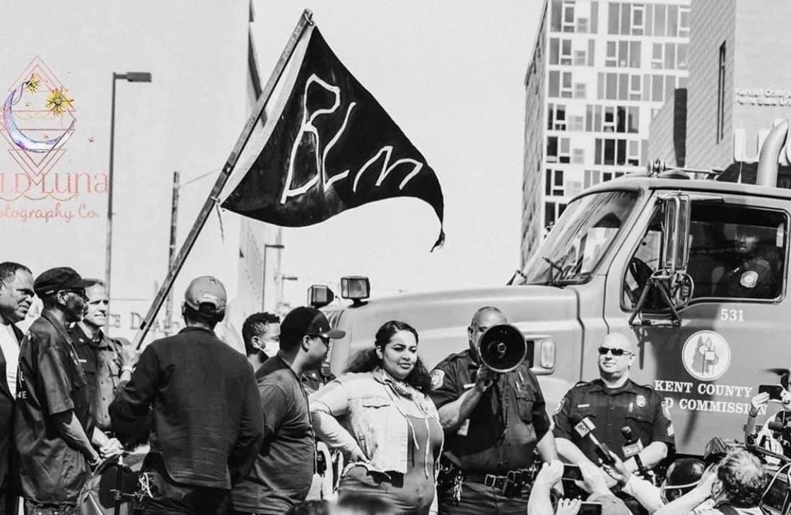 A black-and-white photo of Black Lives Matter protesters in Grand Rapids, Michigan