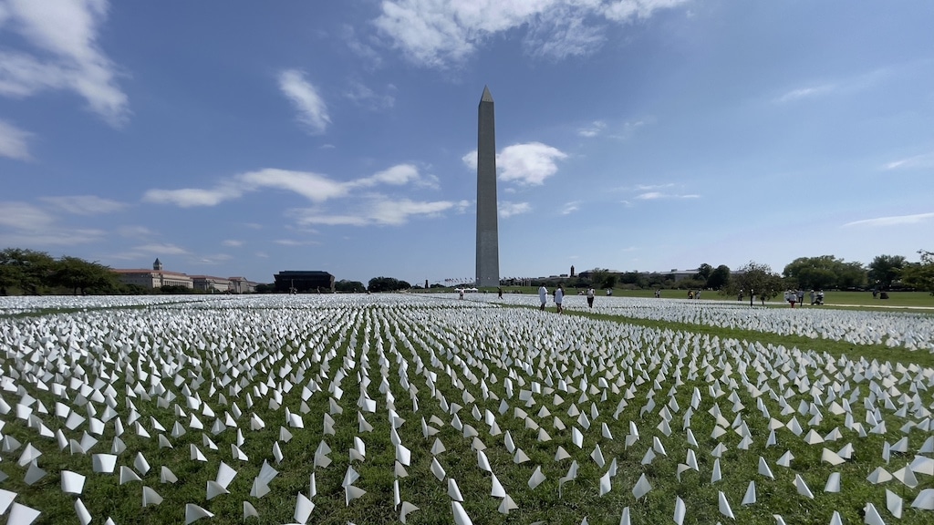 White flags are seen on the National Mall near the Washington Monument in Washington, DC on September 19, 2021. - The project, by artist Suzanne Brennan Firstenberg, uses over 600,000 miniature white flags to symbolize the lives lost to Covid-19 in the US.