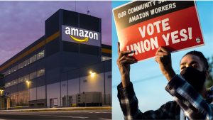 On the left, an Amazon warehouse. On the right, someone holds a "vote union yes" sign.
