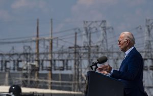 US President Joe Biden speaks about climate change at the closed Brayton Point Power Station in Somerset, Mass.