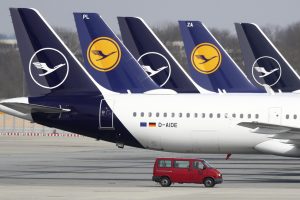 Several Lufthansa airplanes on the tarmac in Munich, Germany in March 2020.