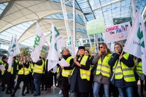 Striking airline workers in uniforms and yellow vests at Munich’s airport on July 27.