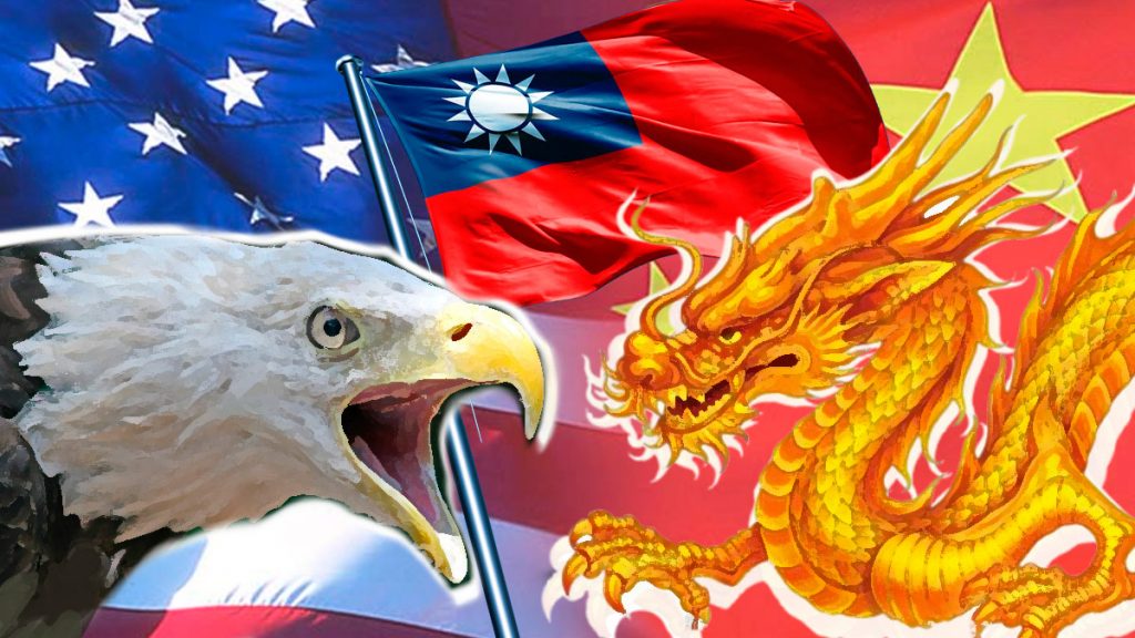 Illustration of a bald eagle on the left and yellow dragon on the right, face-to-face, with the flags of the U.S., R.O.C., and P.R.C. in the background