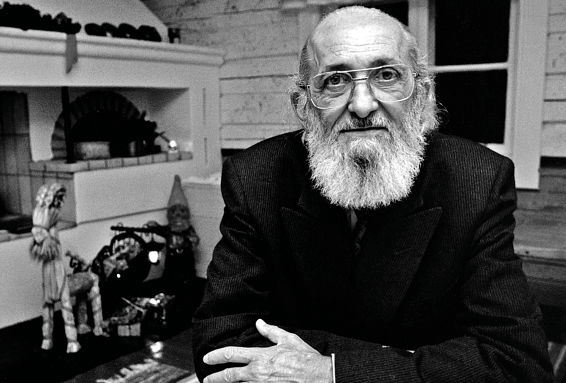 A black and white photograph of Paulo Freire.