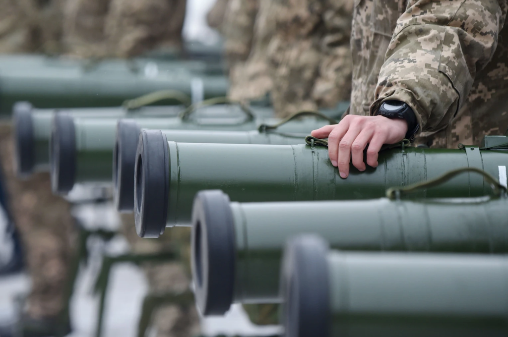 Ukrainian servicemen taking part in the armed conflict with Russia-backed separatists in Donetsk region of the country attend the handover ceremony of military heavy weapons and equipment in Kiev on November 15, 2018.