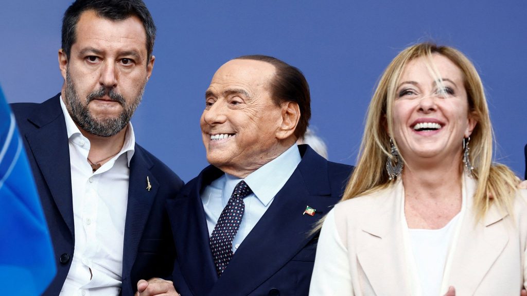 Matteo Salvini, Silvio Berlusconi and Giorgia Meloni at the centre-right coalition's closing rally in Italy.