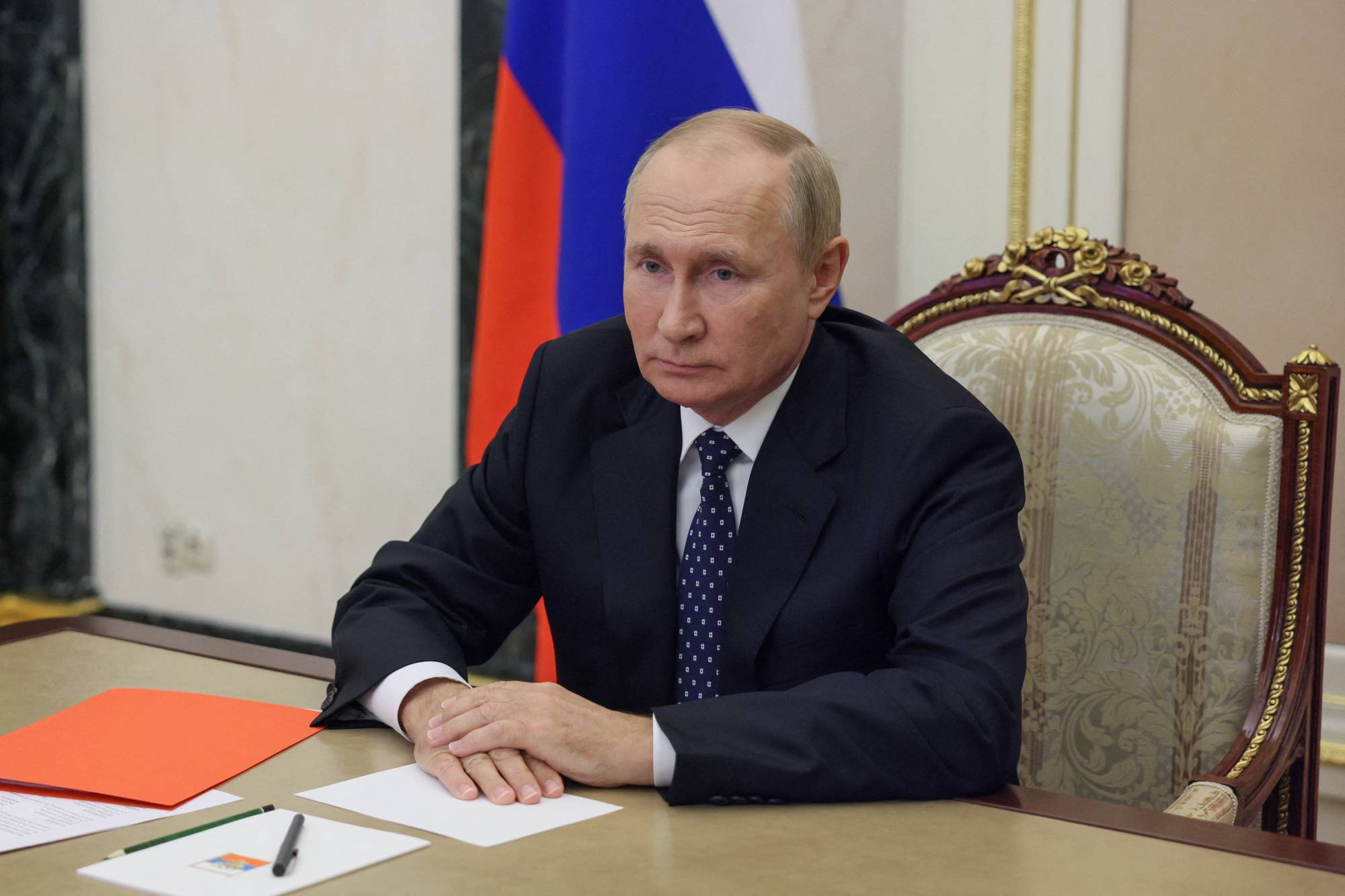 Russian President Vladimir Putin chairs a meeting with members of the Security Council via video link at the Kremlin in Moscow, Russia September 23, 2022.