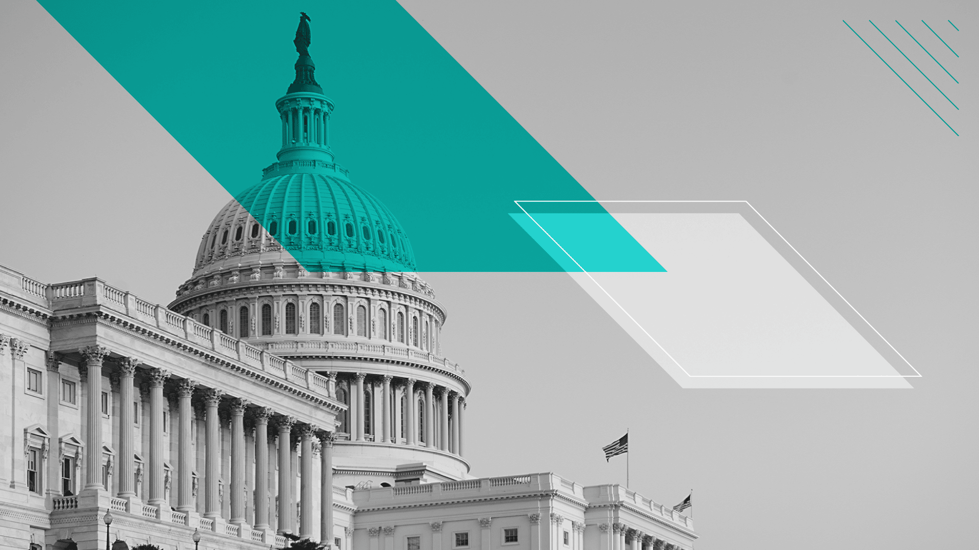 Image of the Capitol building in grey scale with a turquoise semi-transparent overlay towards the left and a white semi-transparent overlay to the bottom right of it, overlapping slightly.