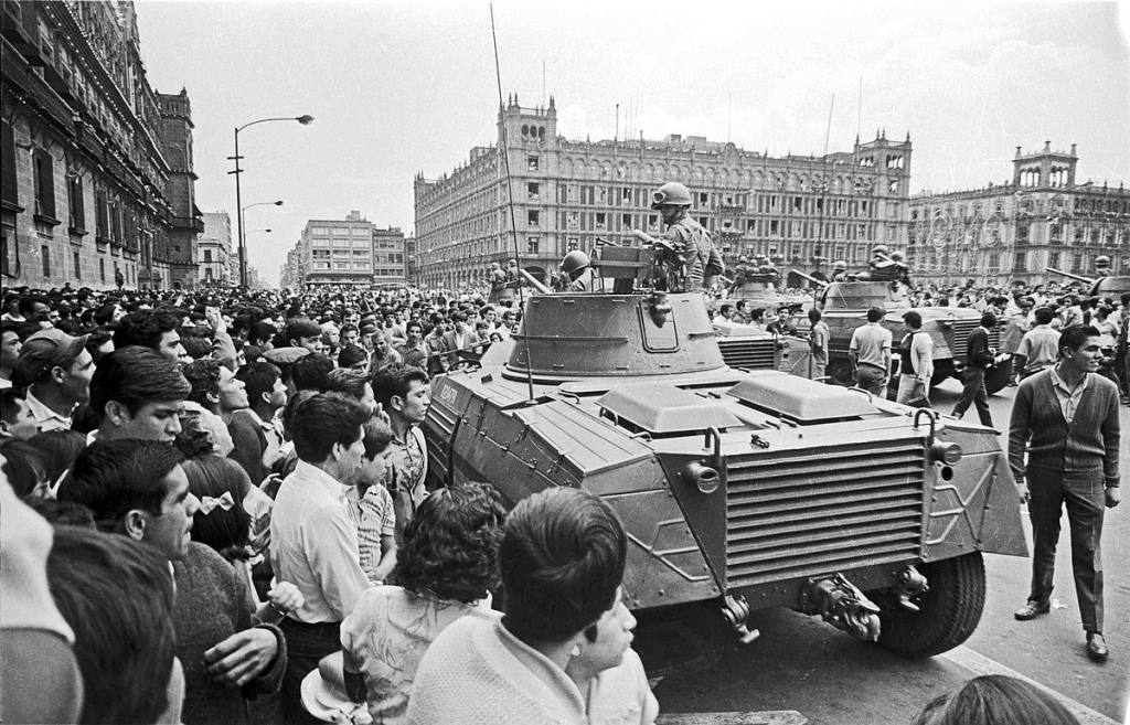 Government tankettes in Zocalo, Mexico City, August 1968, deployed against student demonstrators.