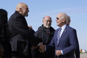 President Biden greets John Fetterman, Pennsylvania’s Democratic nominee for U.S. Senate, after arriving Thursday at Pittsburgh International Airport