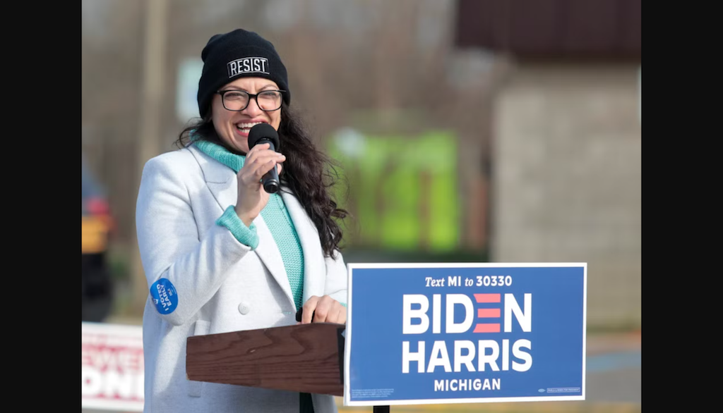 US Democratic Rep Rashida Tlaib speaks at a volunteer canvass launch for Biden/Harris in 2020